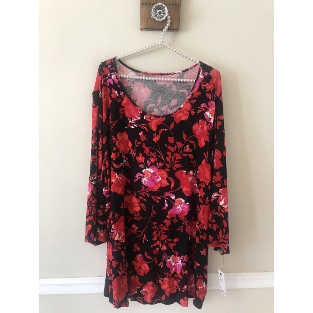 NWT Apt 9 Womens Plus Size 3X Black Red Floral Tunic Top Dress Long Sleeve